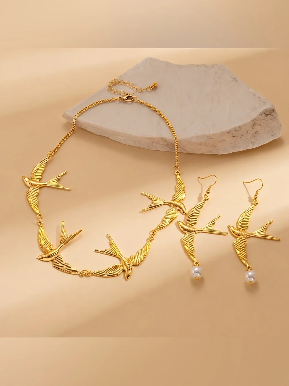 Gold Swallow Bird Necklace & Earrings Set | Pearl Drop Statement Jewelry - Picture 2 of 10